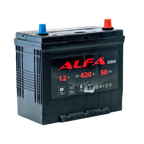 Аккумулятор ALFA Asia 50 JR (50 А·ч / 420 А) правый плюс с бортом, тонкие клеммы