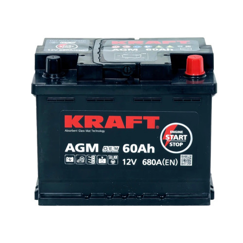 Аккумулятор KRAFT AGM 60 R (60 А·ч / 680 А) для легковых автомобилей