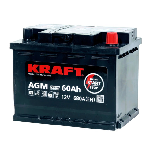 Аккумулятор KRAFT AGM 60 R (60 А·ч / 680 А) для легковых автомобилей