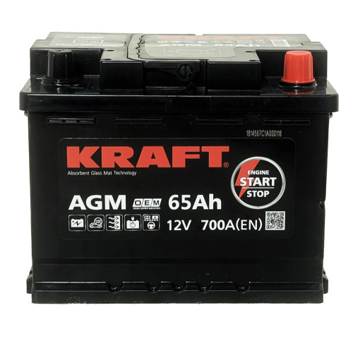 Аккумулятор KRAFT AGM 65 R (65 А·ч / 700 А) для легковых автомобилей