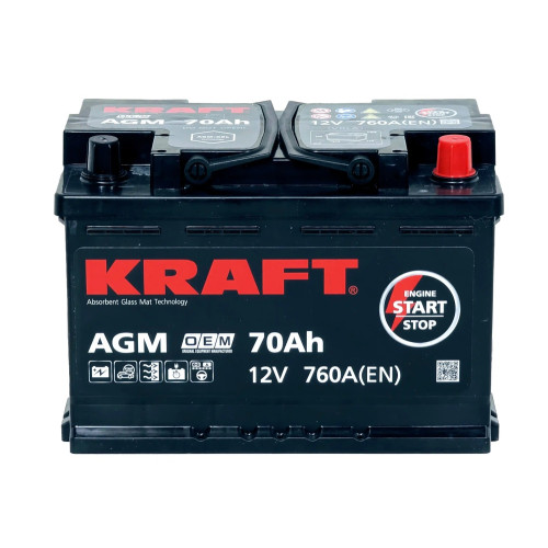 Аккумулятор KRAFT AGM 70 R (70 А·ч / 760 А) для легковых автомобилей