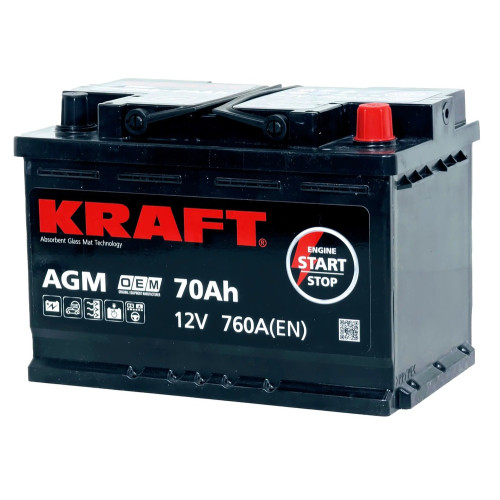 Аккумулятор KRAFT AGM 70 R (70 А·ч / 760 А) для легковых автомобилей
