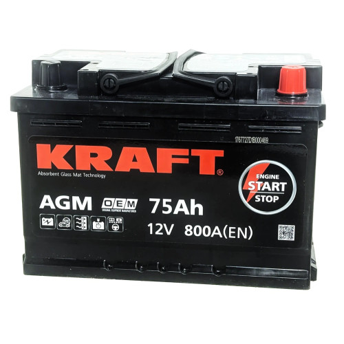 Аккумулятор KRAFT AGM 75 R (75 А·ч / 800 А) для легковых автомобилей