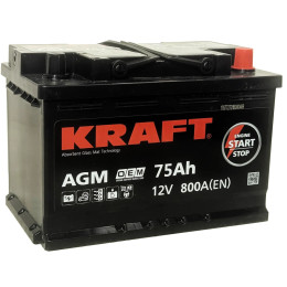 Аккумулятор KRAFT AGM 75 R (75 А·ч / 800 А) для легковых автомобилей