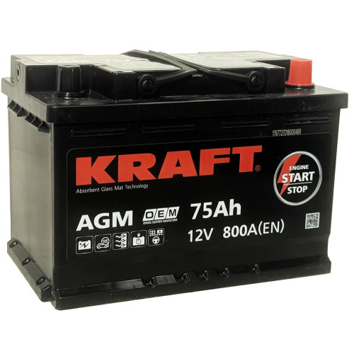 Аккумулятор KRAFT AGM 75 R (75 А·ч / 800 А) для легковых автомобилей
