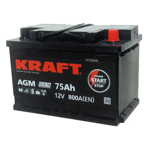 Аккумулятор KRAFT AGM 75 R (75 А·ч / 800 А) для легковых автомобилей