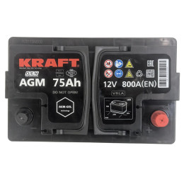 Аккумулятор KRAFT AGM 75 R (75 А·ч / 800 А) для легковых автомобилей