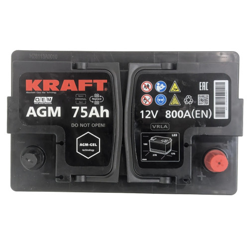 Аккумулятор KRAFT AGM 75 R (75 А·ч / 800 А) для легковых автомобилей