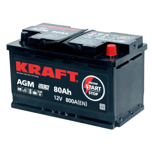 Аккумулятор KRAFT AGM 80 R (80 А·ч / 800 А) для легковых автомобилей