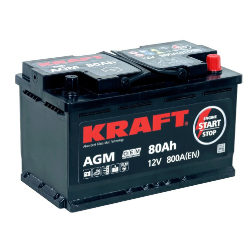Аккумулятор KRAFT AGM 80 R (80 А·ч / 800 А) для легковых автомобилей