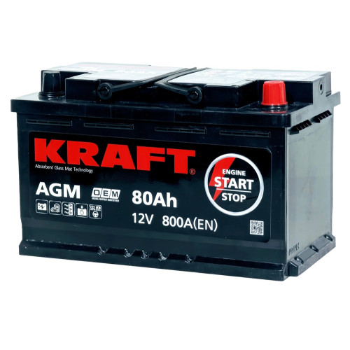 Аккумулятор KRAFT AGM 80 R (80 А·ч / 800 А) для легковых автомобилей
