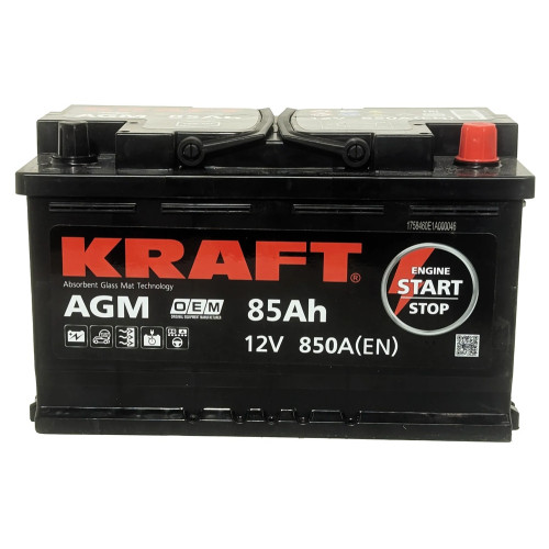 Аккумулятор KRAFT AGM 85 R (85 А·ч / 850 А) для легковых автомобилей