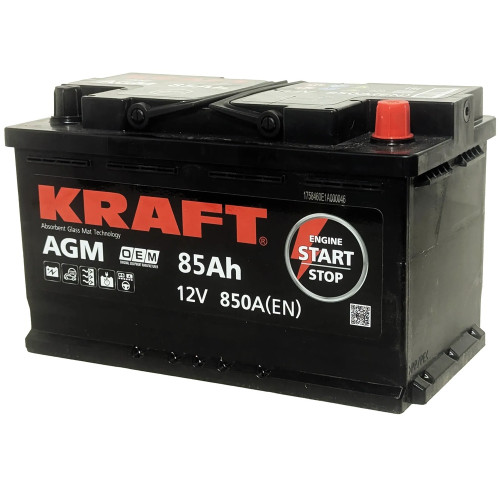 Аккумулятор KRAFT AGM 85 R (85 А·ч / 850 А) для легковых автомобилей