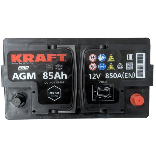 Аккумулятор KRAFT AGM 85 R (85 А·ч / 850 А) для легковых автомобилей