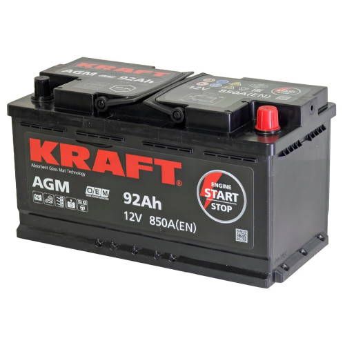 Аккумулятор KRAFT AGM 92 R (92 А·ч / 850 А) для легковых автомобилей
