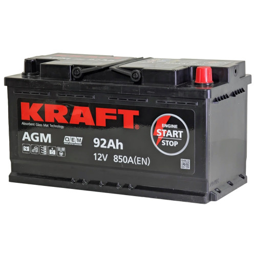 Аккумулятор KRAFT AGM 92 R (92 А·ч / 850 А) для легковых автомобилей